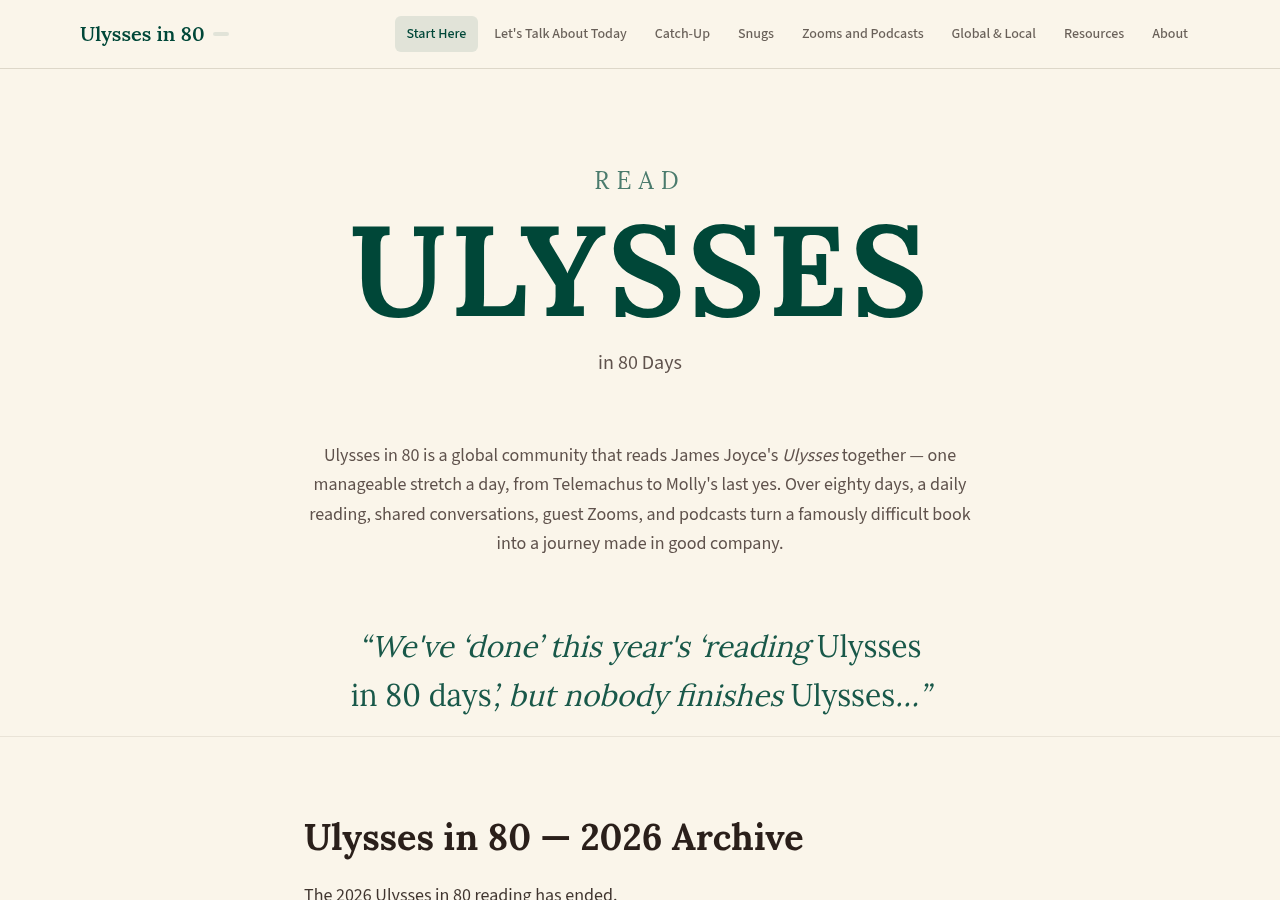 The Ulysses in 80 Days homepage — large green ULYSSES title on a cream background